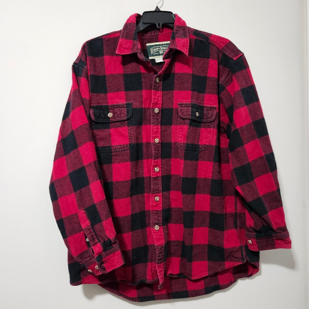 Field & Stream Mens‎ Red Black Buffalo Plaid Cotton Flannel Button Down Shirt L